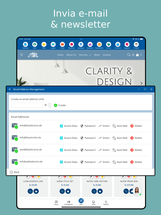 Invio newsletter tramite l'app – Vista tablet